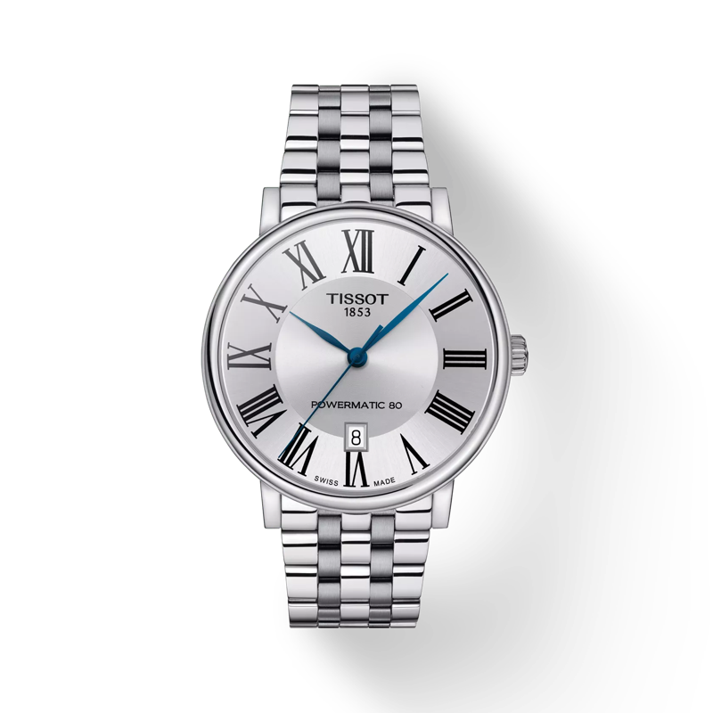 Vue de face de la montre Tissot Carson Premium Powermatic 80 avec ombre