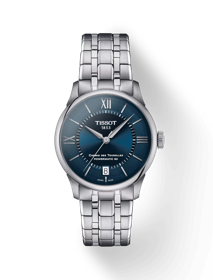 Front view of the watch Tissot Chemin des Tourelles Powermatic 80 34 mm with shadow