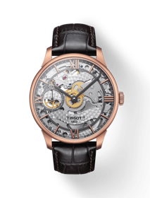 Front view of the watch Tissot Chemin des Tourelles Squelette Mechanical with shadow