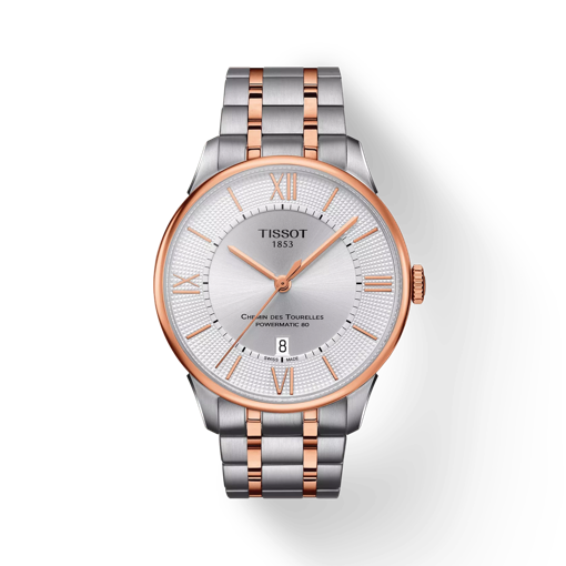 Front view of the watch Tissot Chemin des Tourelles Powermatic 80 with shadow