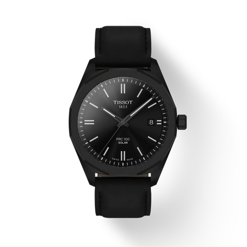 Vue de face de la montre Tissot PRC 100 Solar Quartz 39mm avec ombre