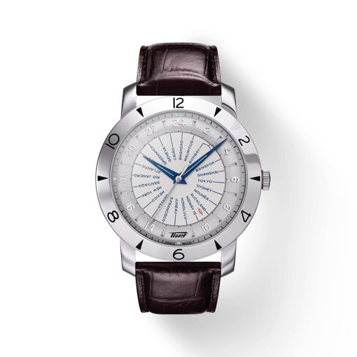 Vue de face de la montre Tissot Heritage Navigator Automatic 160th Anniversary COSC avec ombre