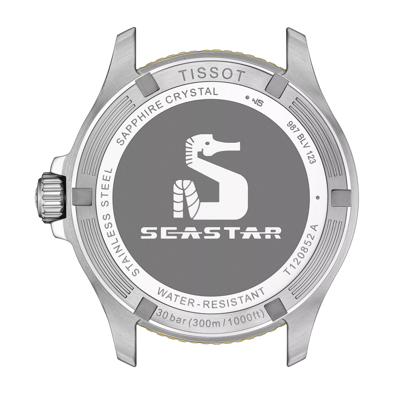 มุมมองด้านหลังของตัวเรือนนาฬิกา Tissot Seastar 1000 Quartz GMT