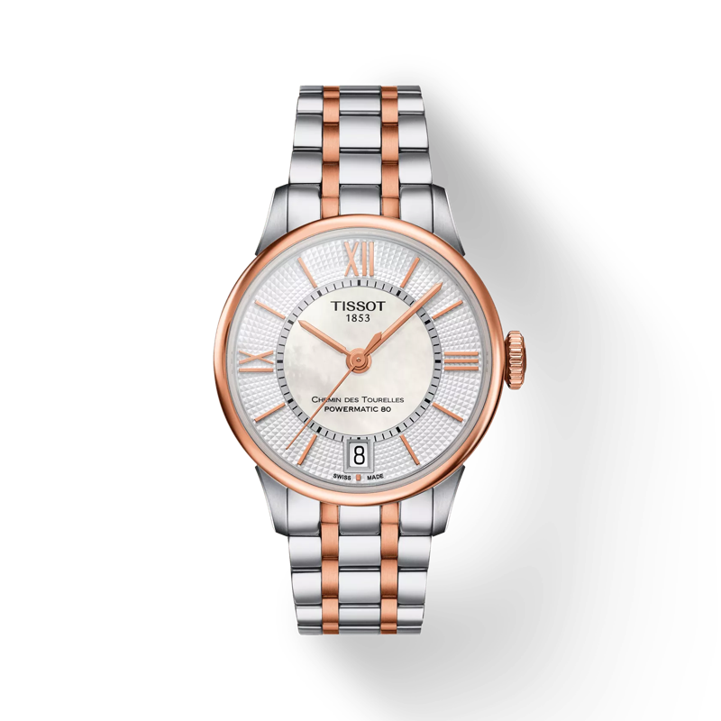 Vue de face de la montre Tissot Chemin des Tourelles Powermatic 80 Lady avec ombre