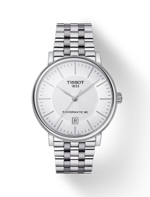 Front view of the watch Tissot Carson Premium Powermatic 80 with shadow
