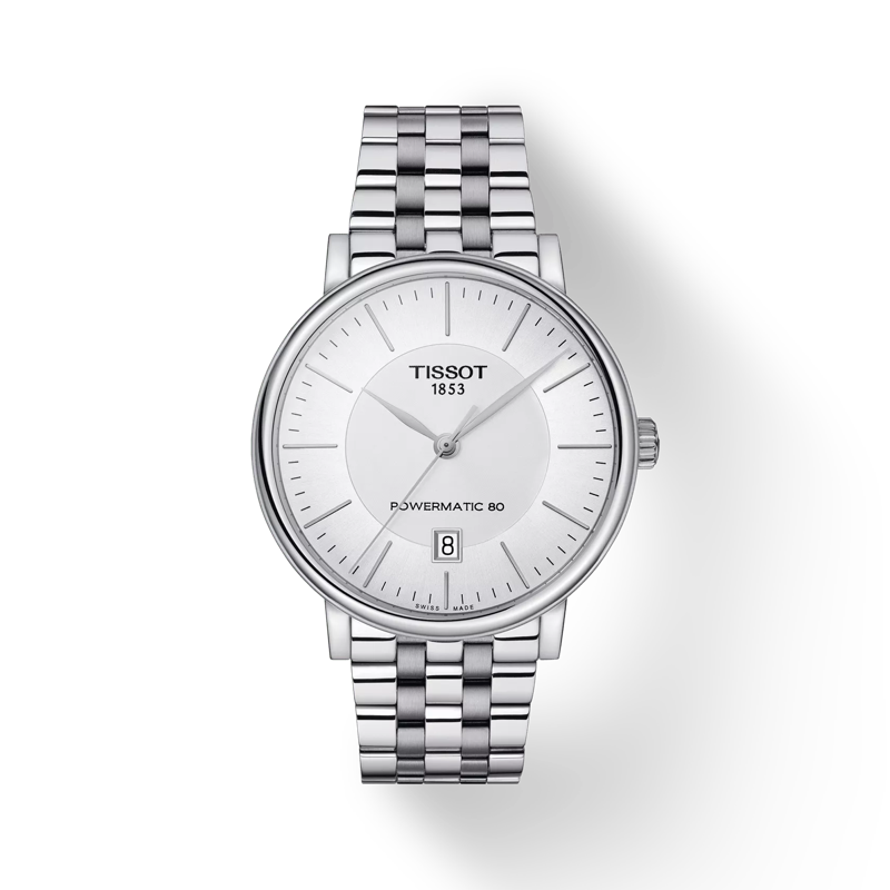 Front view of the watch Tissot Carson Premium Powermatic 80 with shadow
