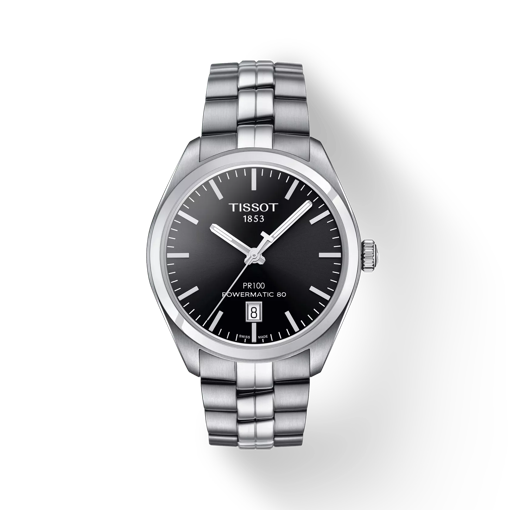 Front view of the watch Tissot PR 100 Powermatic 80 with shadow
