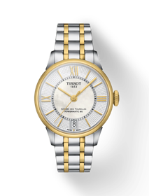 มุมมองด้านหน้าของนาฬิกา Tissot Chemin des Tourelles Powermatic 80 Lady พร้อมเงา