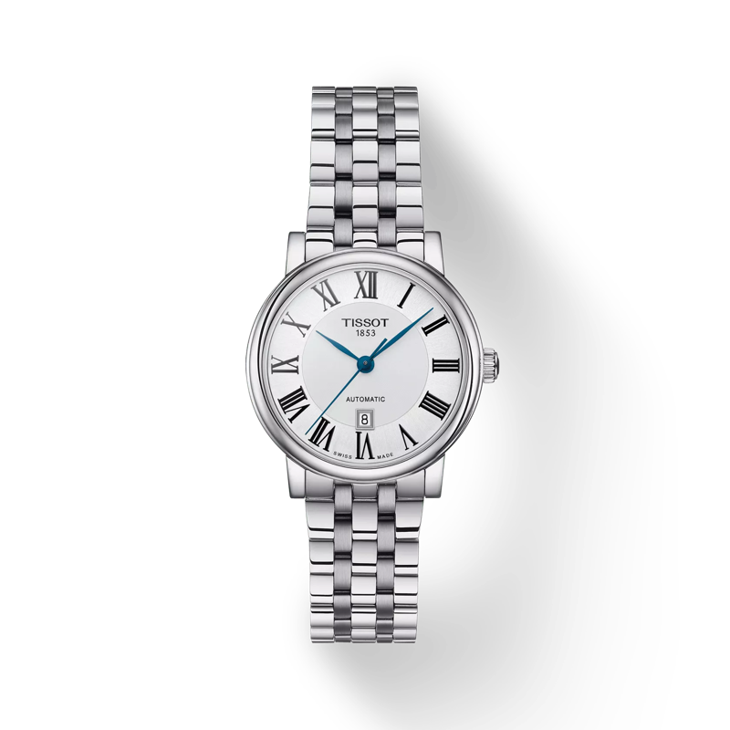 Vue de face de la montre Tissot Carson Premium Automatic lady avec ombre