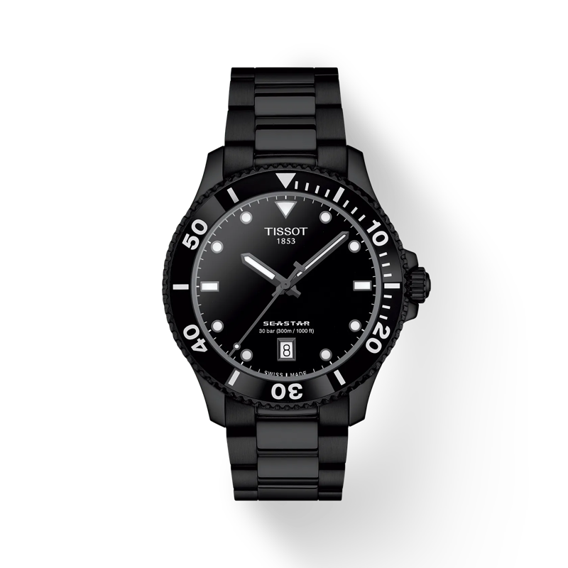 Front view of the watch Tissot Seastar 1000 Quartz 40mm with shadow