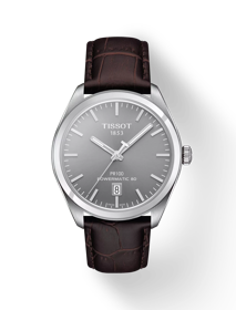 Vue de face de la montre Tissot PR 100 Powermatic 80 avec ombre