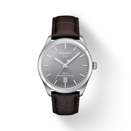 Vue de face de la montre Tissot PR 100 Powermatic 80 avec ombre