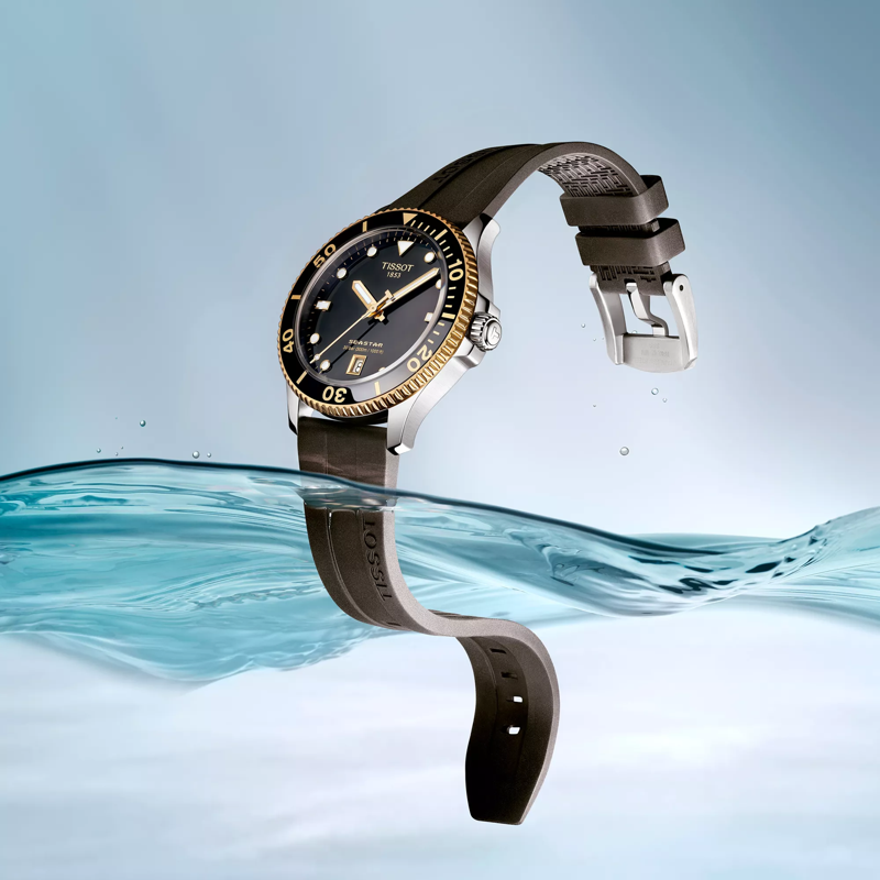 Tissot Seastar 1000 40mm watch on a colored background
