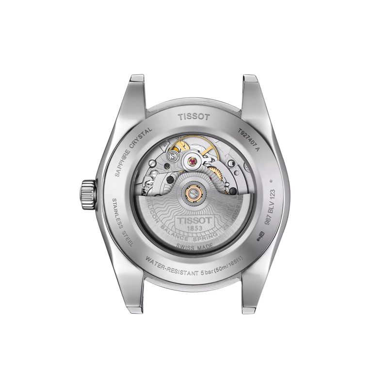 Back view of the watch case Tissot Gentleman Powermatic 80 Silicium 18K Massivgoldlünette