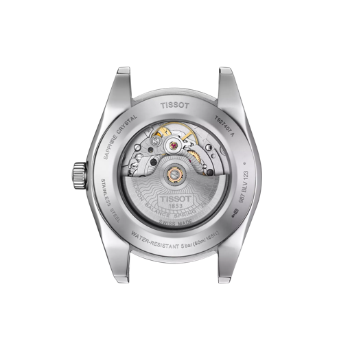 Back view of the watch case Tissot Gentleman Powermatic 80 Silicium 18K Goldlünette