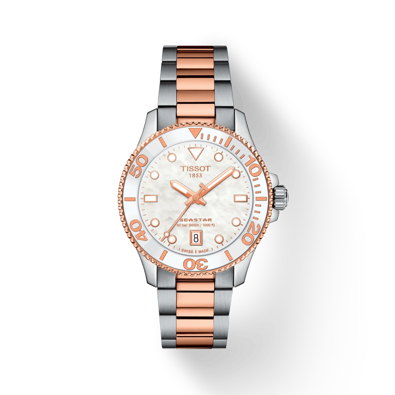 Front view of the watch Tissot Seastar 1000 Quartz 36mm with shadow