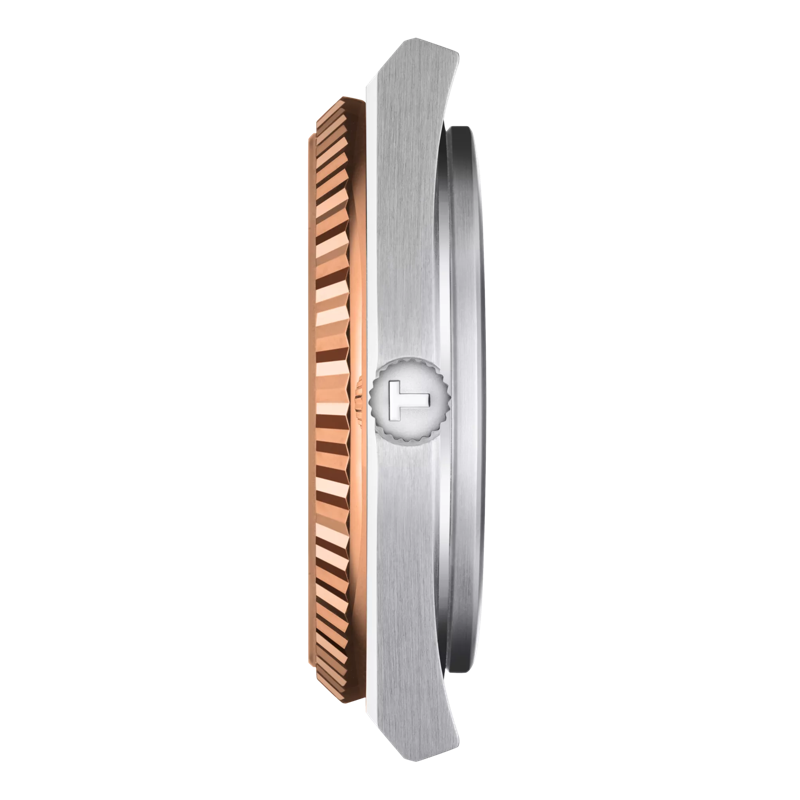 Profile view of the watch case Tissot PRX Powermatic 80 Edelstahl & 18K Goldlünette 40mm