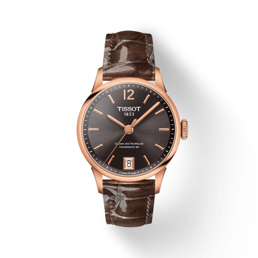 Front view of the watch Tissot Chemin des Tourelles Powermatic 80 Lady with shadow