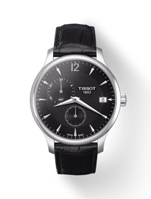 Vue de face de la montre Tissot Tradition GMT avec ombre