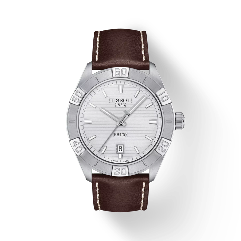 Front view of the watch Tissot PR 100 Sport Gent with shadow