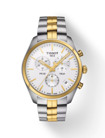 มุมมองด้านหน้าของนาฬิกา Tissot PR 100 Chronograph พร้อมเงา