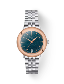 Front view of the watch Tissot Glendora 18K Gold with shadow