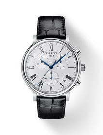 Front view of the watch Tissot Carson Premium Chronograph with shadow