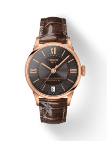 Front view of the watch Tissot Chemin des Tourelles Powermatic 80 Lady with shadow