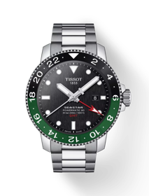 Front view of the watch Tissot Seastar 1000 Powermatic 80 GMT with shadow