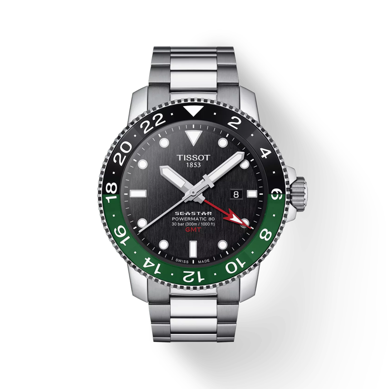 Front view of the watch Tissot Seastar 1000 Powermatic 80 GMT with shadow