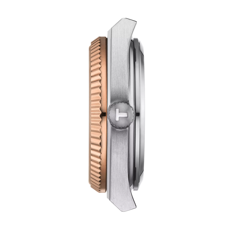 Profile view of the watch case Tissot PRX 系列自動款 35mm 18K金錶圈款腕錶