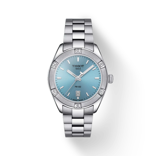 Front view of the watch Tissot PR 100 Lady Sport Chic with shadow