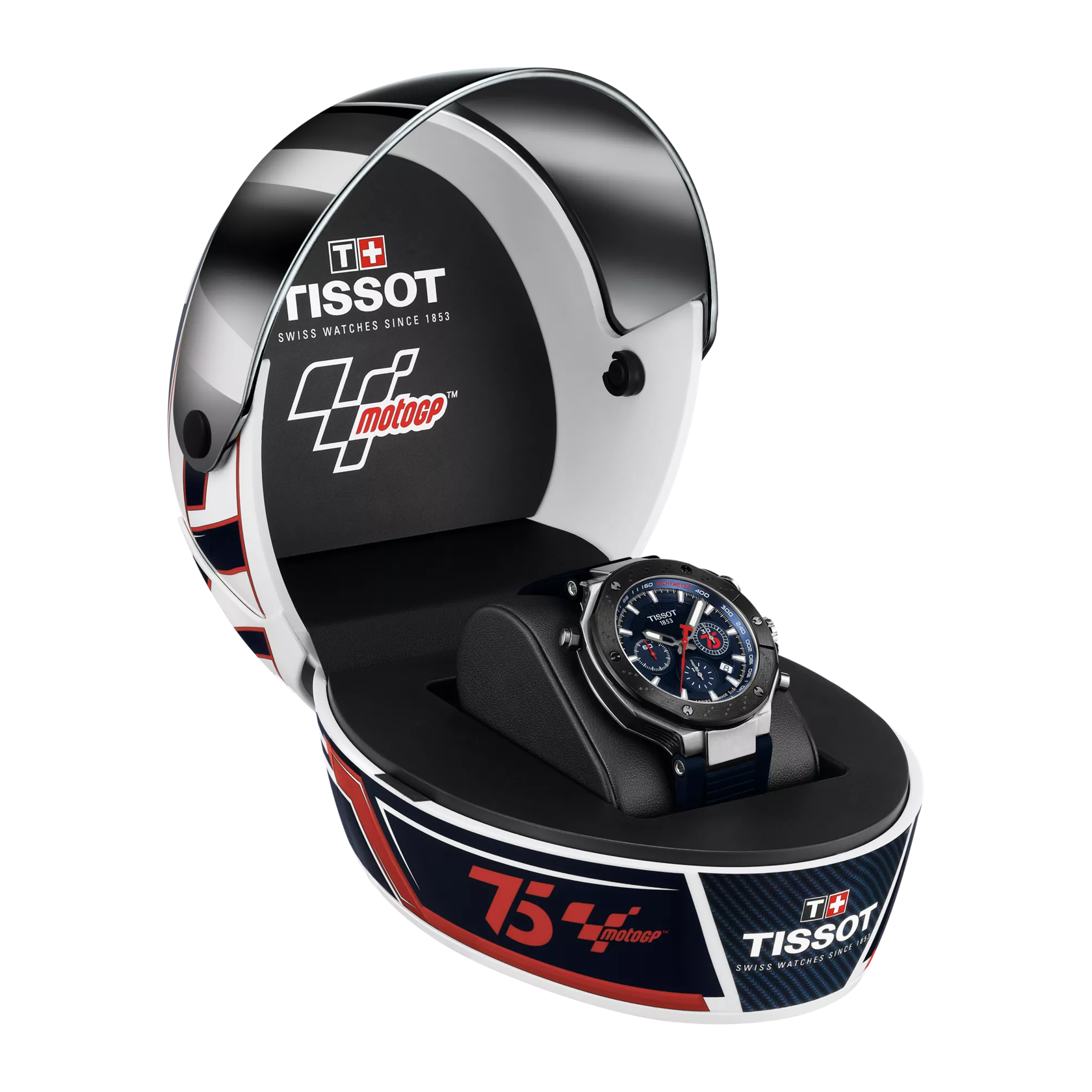 Front view of the watch Tissot T-Race MotoGP™ Automatic Chronograph 2024 Limited Edition with opened