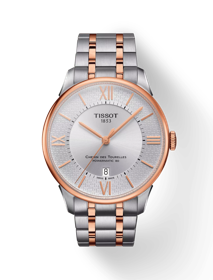 Front view of the watch Tissot Chemin des Tourelles Powermatic 80 Helvetic Pride Special Edition with shadow