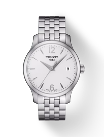 มุมมองด้านหน้าของนาฬิกา Tissot Tradition Lady พร้อมเงา