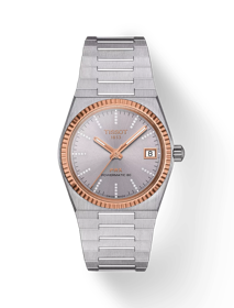 Front view of the watch Tissot PRX Powermatic 80 Steel & 18K Gold Bezel 35mm with shadow