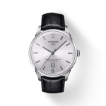 Front view of the watch Tissot Chemin des Tourelles Powermatic 80 with shadow