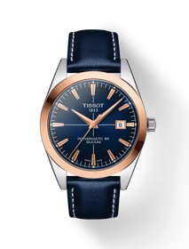 Vue de face de la montre Tissot Gentleman Powermatic 80 Silicium Solid 18K Gold bezel avec ombre
