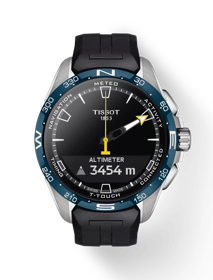 Front view of the watch Tissot T-Touch Connect Solar Jungfraubahn Swiss Edition with shadow