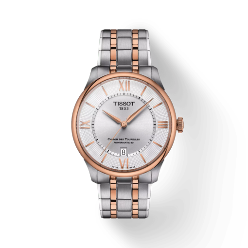 Front view of the watch Tissot Chemin des Tourelles Powermatic 80 39 mm with shadow