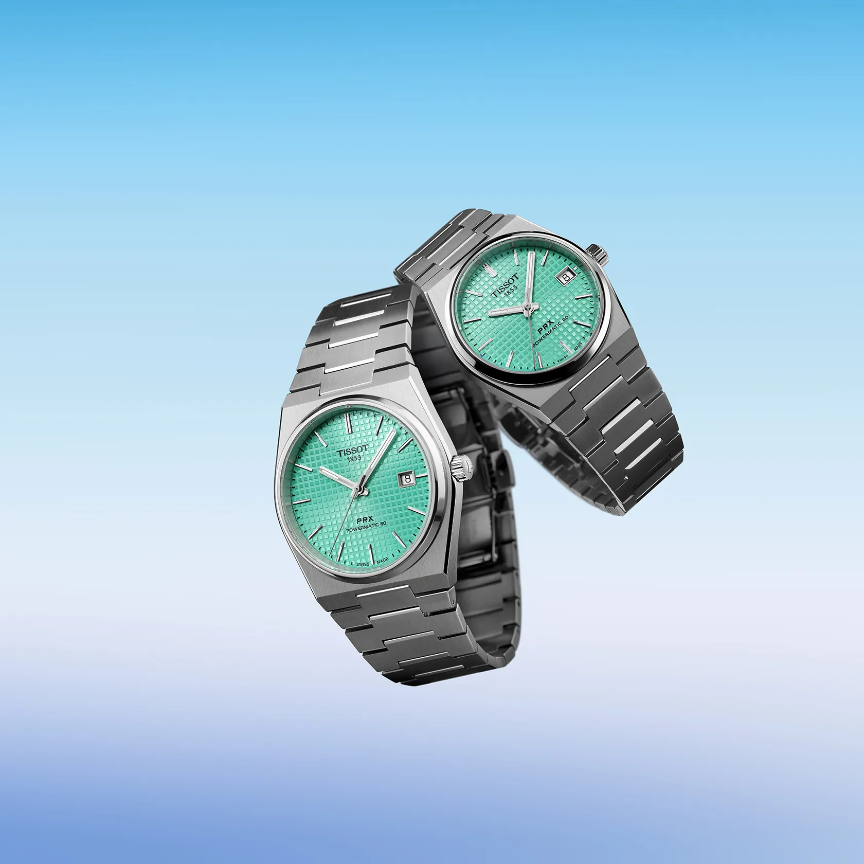 Tissot PRX Powermatic 80 40mm watch on a colored background