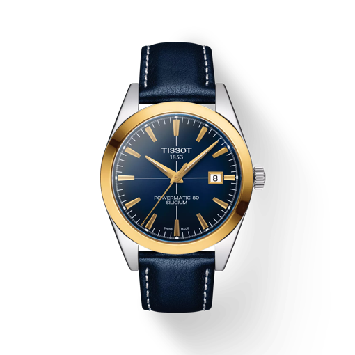 Vue de face de la montre Tissot Gentleman Powermatic 80 Silicium Solid 18K Gold Bezel avec ombre