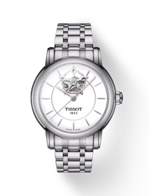 Vue de face de la montre Tissot Lady Heart Powermatic 80 avec ombre
