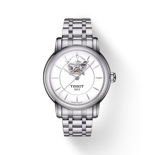 Vue de face de la montre Tissot Lady Heart Powermatic 80 avec ombre