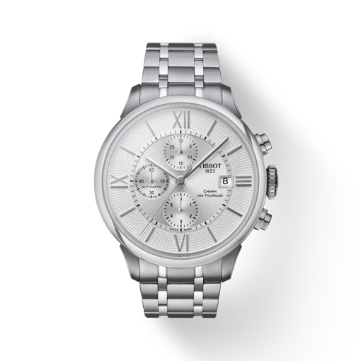 Front view of the watch Tissot Chemin des Tourelles Automatic Chronograph with shadow