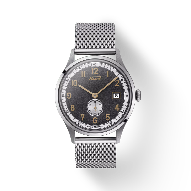 มุมมองด้านหน้าของนาฬิกา Tissot Heritage Small Second 1938 COSC พร้อมเงา