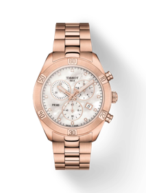 มุมมองด้านหน้าของนาฬิกา Tissot PR 100 Sport Chic Chronograph พร้อมเงา