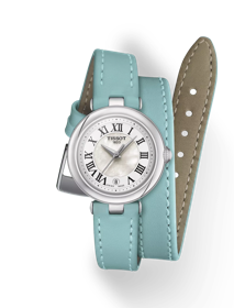 Front view of the watch Tissot Bellissima Small Lady - XS double tour strap with shadow