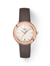 Front view of the watch Tissot Glendora 18K Gold with shadow
