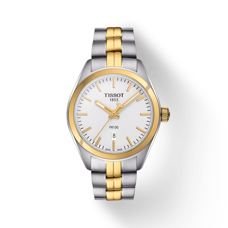 มุมมองด้านหน้าของนาฬิกา Tissot PR 100 Lady พร้อมเงา
